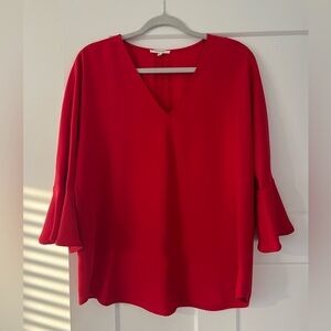 Pleione Red V-Neck Blouse with Flared Sleeves